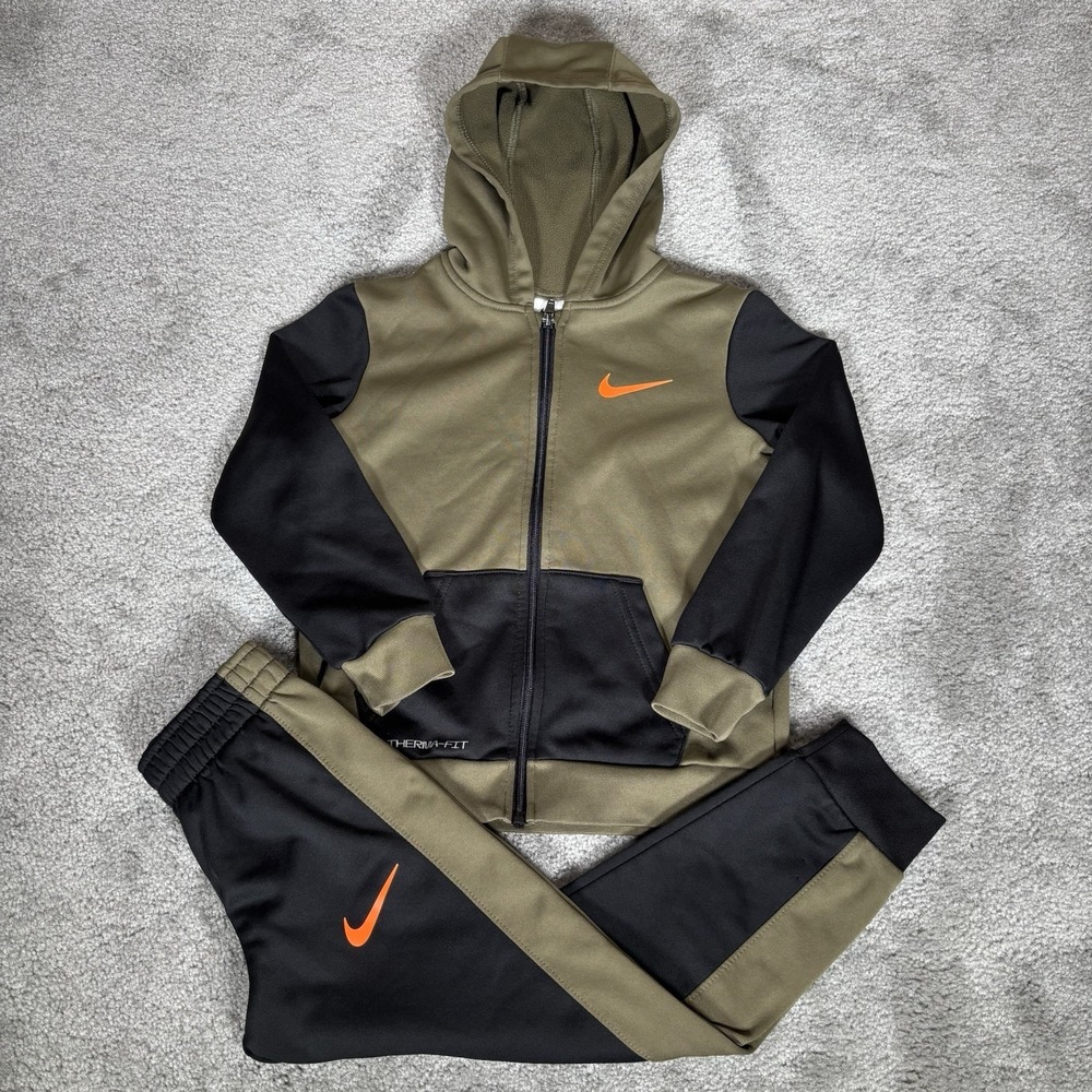 Nike Sweat Suit Youth Boys 6 M Green Black Therma Fit Hoodie Jogger Set Athletic